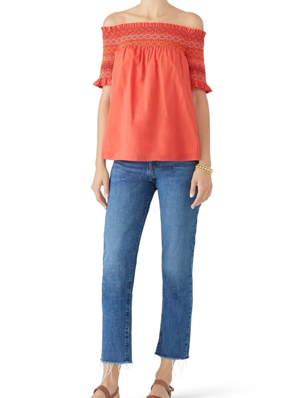 NWT Trina Turk Coral Off-Shoulder Smocked Top Size XS